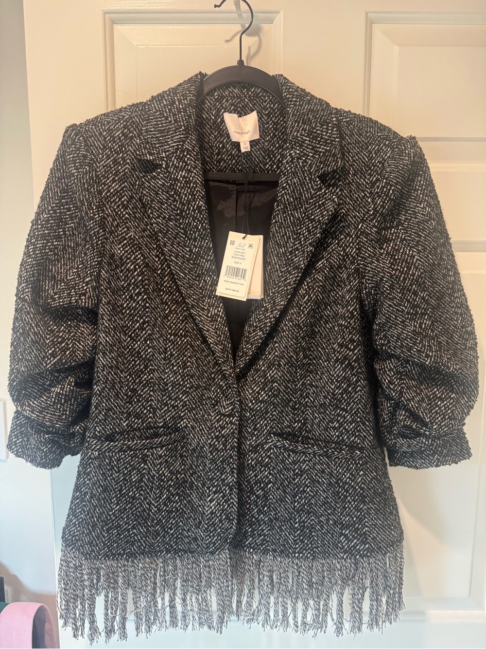 cinq a sept Black & White Herringbone Fringe Blazer